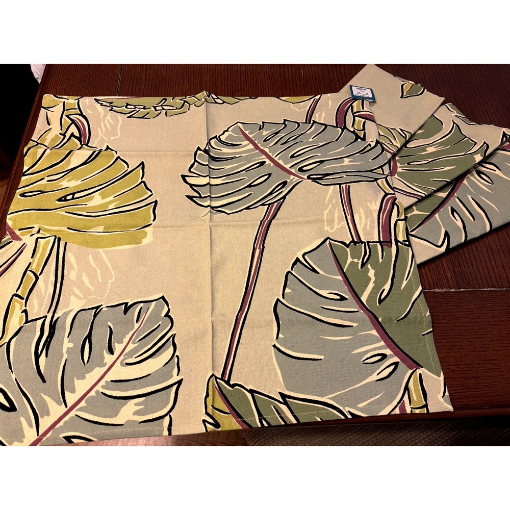 Anthropologie Napkin LOT of 4 NWT Green Palm Leaf Tropical Beach House 20 x 20